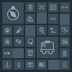 Modern, simple, dark vector icon set with east, car, baggage, education, vision, avatar, rudder, uniform, delivery, wear, bullet, transportation, airport, compass, van, military, profile, human icons