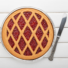 Traditional cherry jelly pie tart cake. top view