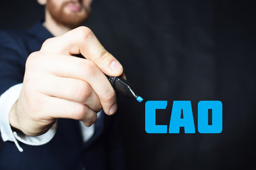 The businessman writes a blue marker inscription:CAO