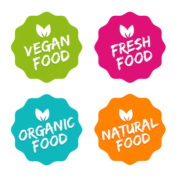 Set of Food Badges. Vegan, Organic, Natural and Fresh Food. Vector hand drawn Signs. Can be used for packaging Design.