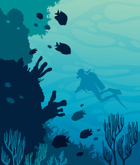 Naklejka premium Scuba diver, coral reef, sea.