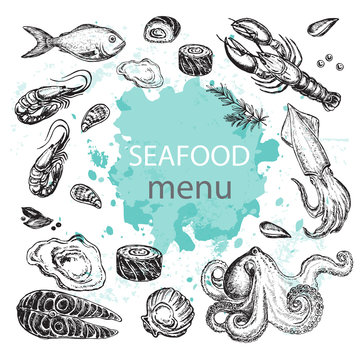 Octopus, squid, salmon, mussels, oysters, shrimps, lobster, fish. Hand drawn sketch illustration seafood menu