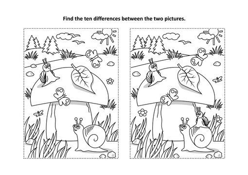 Find the ten differences picture puzzle and coloring page with big yummy mushroom and mom and kids snails
