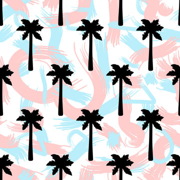 Seamless pattern with black palm trees and colorful brush strokes.