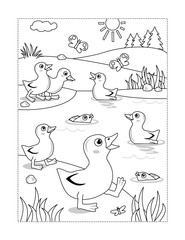 Spring or summer joy themed coloring page with ducklings at the pond.
