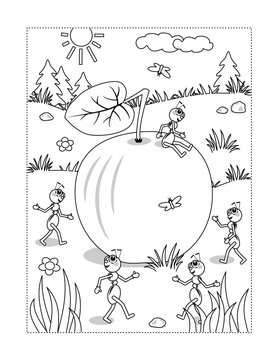Summer or autumn joy themed coloring page with ripe apple lying on the ground and five busy ants planning what to do with it.
