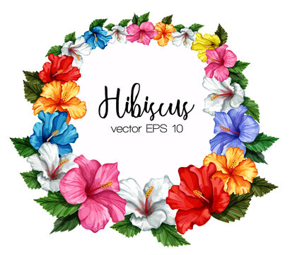 Vector tropical leaf hibiscus flower frame banner