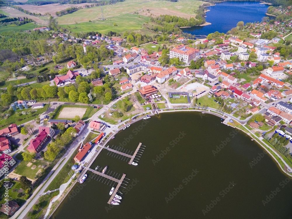 Sticker aerial view of ryn town, poland (former rhein, east prussia). medieval teutonic knights castle on th