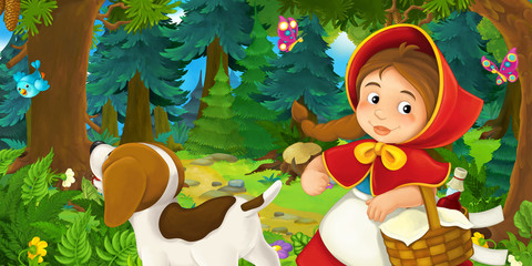 Obraz na płótnie Canvas cartoon scene with young girl and happy dog in the forest going somewhere - illustration for children
