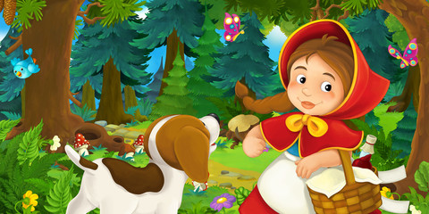 cartoon scene with young girl and happy dog in the forest going somewhere - illustration for children