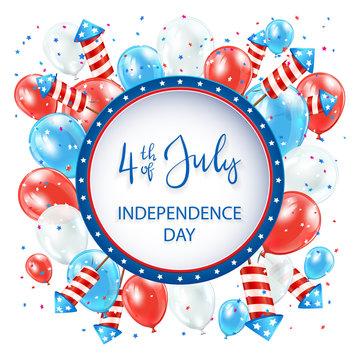 Independence day with balloons and fireworks on white background
