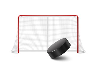 Hockey gates and puck isolated on white background