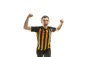 The Belgian soccer fan celebrating on white background