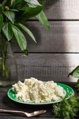 cottage cheese with sour cream and herbs (salted cheese cheese) useful cuisine.  Food background