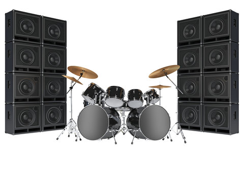 Drum kits and guitar amplifiers. Isolated on white background