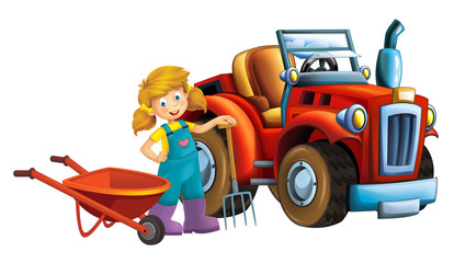 cartoon scene young girl near wheelbarrow - farming tools illustration for children