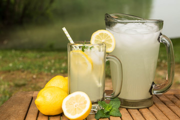 Glass and Pitcher of Lemonade With Lake