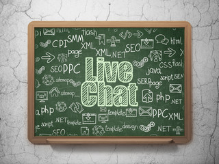 Web design concept: Chalk Green text Live Chat on School board background with  Hand Drawn Site Development Icons, 3D Rendering