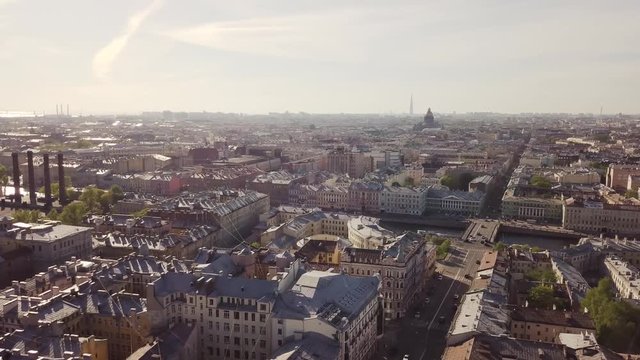 Flying above roofs of St. Petersburg, Russia
