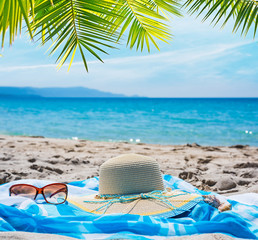 Straw hat and sunglasses under a palm tree