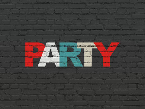 Holiday concept: Painted multicolor text Party on Black Brick wall background
