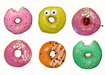 There is a set of six different donuts. White background.