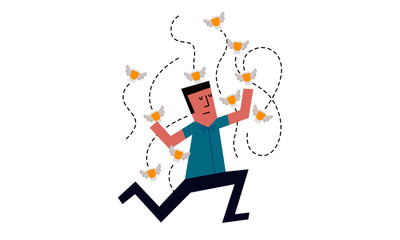 Vector Illustration of a Man attacked buy a bunch of flying shot glass. Shot glasses flying around a man.