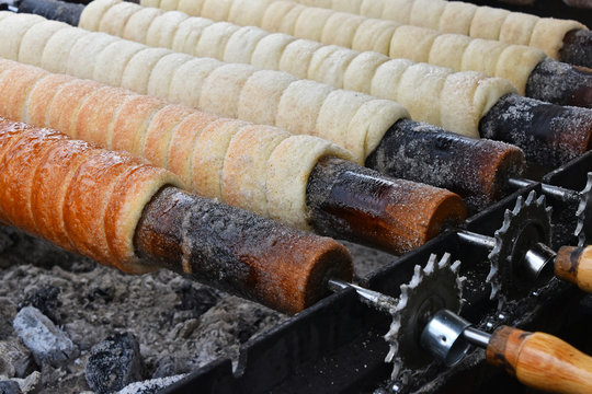 Close up baking chimney cake on grill