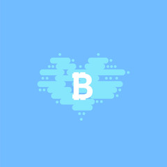 Bitcoin in cloud in the shape of a heart with shadow and blue sky background