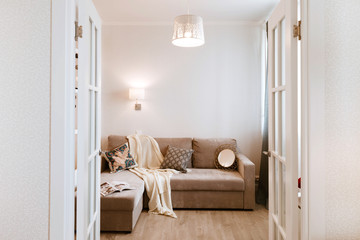 Fototapeta na wymiar Living room scandinavian style interior, studio apartment design