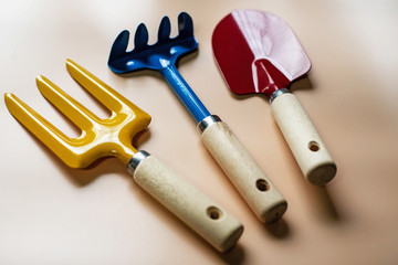 The rake put at the middle of fork and shovel.gardening tools,on soft orange pastel background.