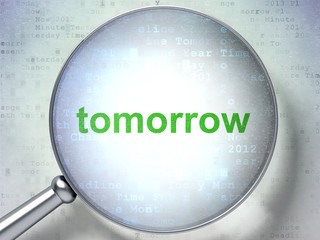 Time concept: magnifying optical glass with words Tomorrow on digital background, 3D rendering