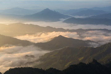 Beautiful Sunrise and foggy moutain view at Chiang Mai, Thailand.