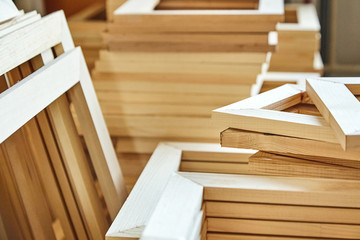 Wooden stretcher bar frames. Subframes for gallery wrapped canvas. Selective focus