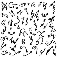 Arrow doodles vector. A set of simple sketches of arrows. Up, down, left, right ones. The effect of a pencil sketch isolated on white background. Vector eps 10.