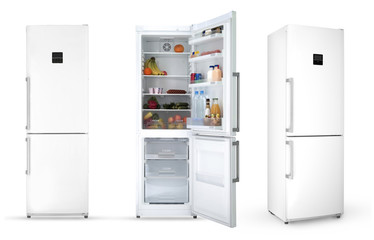 modern household refrigerator with food, three angles, isolated.