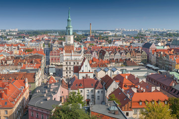 Fototapeta na wymiar View from Castle tower on town hall and old buildings in center of polish city Poznan, Poland.
