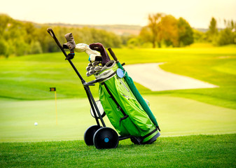 Golf niblick and putter in green bag and white ball on the field - luxury recreation for the high society