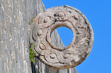 Stone ring at the great ball game court in the Chichen Itza, Mexico.