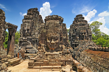 Fototapeta na wymiar Face towers depicting Bodhisattva Avalokiteshvara, Bayon temple in Angkor, Cambodia.