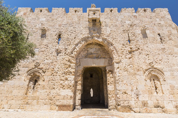 The Zion Gate in the walls of the old city of Jerusalem, Israel.