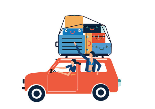 Two women traveling by car . Vector illustration of a flat design.Two women is going on vacation.
