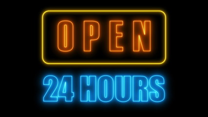 Open 24-7 neon sign, retro style signboard for bar or club, 3d rendering computer generated background