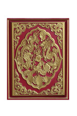 wooden carving sclupture of golden partner dragon among of flowers and painted on red wooden tray isolated on white backgrounds, sourvenir for home decoration, thai culture crafting,  graphic design
