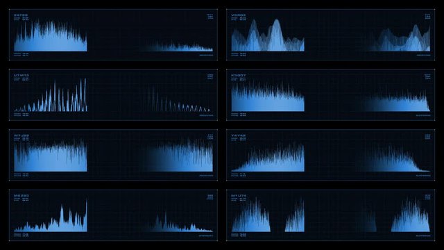 Monochromatic, multi-panel visual display: animated graphs, readouts, indicators. Reversible seamless loop. 