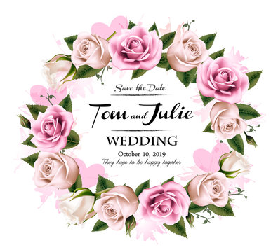 Wedding invitation desing with coloful roses and hearts. Vector