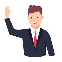 Vector illustration character happy business man greeting say Hi Hello. Cartoon style man in glasses holding hand up.