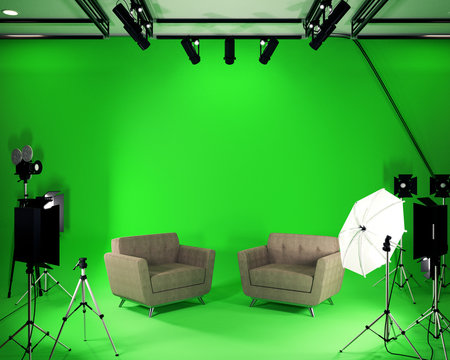 Studio BIg - Modern Film Studio with Green Screen. 3D rendering