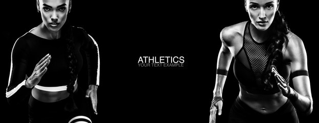 Sport concept. Black and white photo. A strong athletic, women sprinter, running isolated on black, wearing in the sportswear, fitness and sport motivation. Runner concept. - obrazy, fototapety, plakaty