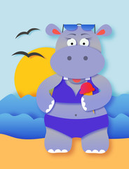 Summer hippo girl in bikini with ice cream on a beach